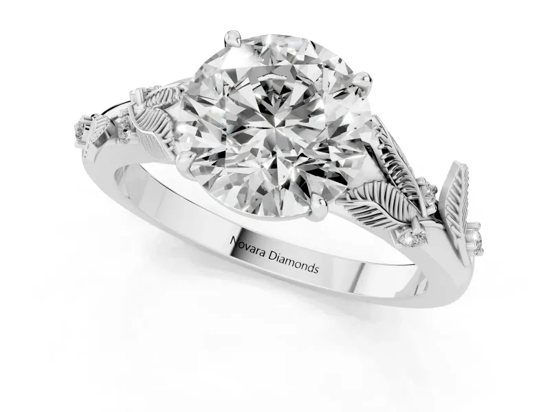 Round Leaf Motif Solitaire Engagement Ring Setting | Accented Leaves | White Gold