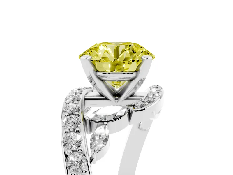Fancy Yellow Round Cut Diamond Solitaire Ring Set in Silver with Pavé Twist Band and Secure Prong Setting