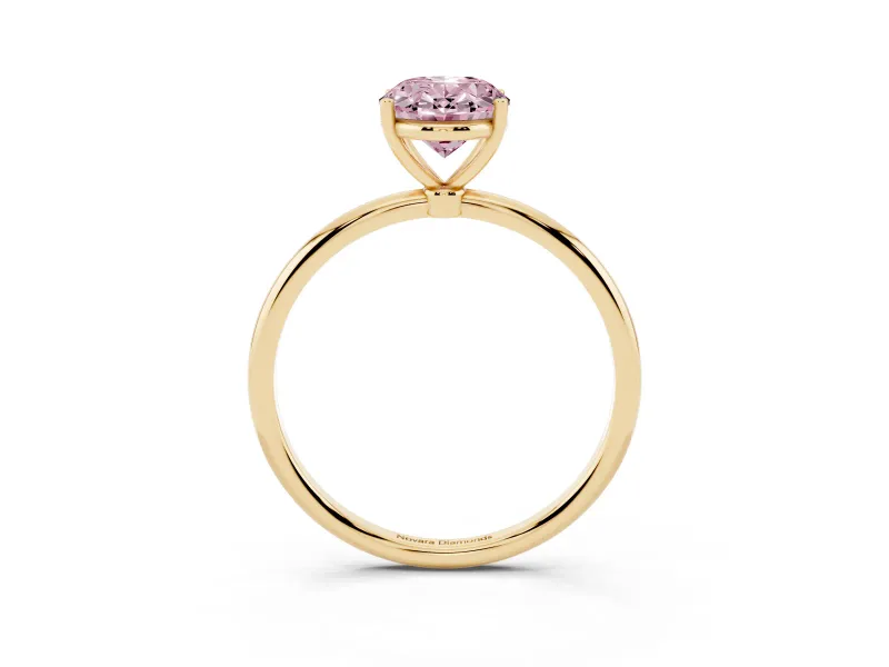 Fancy Pink Oval Cut Diamond Solitaire Engagement Ring Set in Yellow gold with Thin Band and Prong Setting