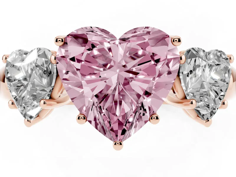 Fancy Pink Heart Cut Diamond Three-Stone Ring Set in Rose gold with Bold Center and Classic Band