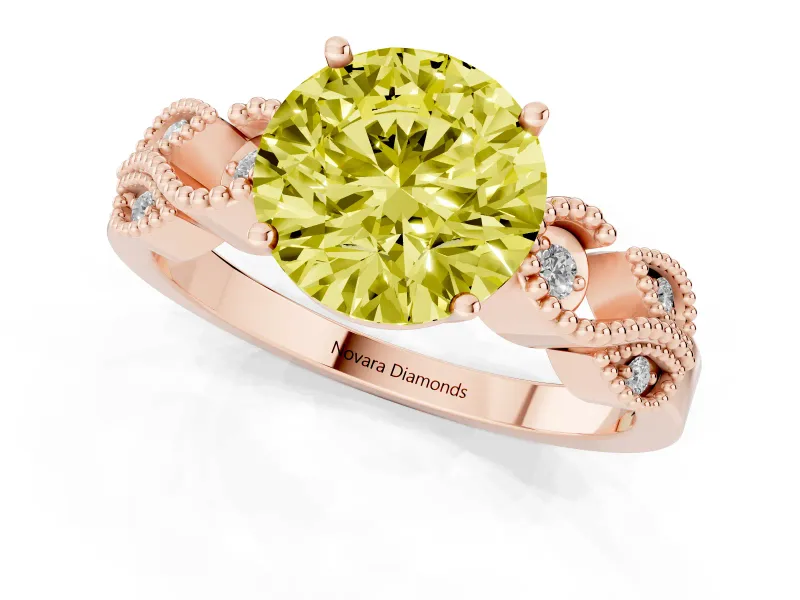 Fancy Yellow Round Cut Diamond Milgrain Leaf Band Solitaire Ring Set in Rose gold with Accent Stones and Prong Setting