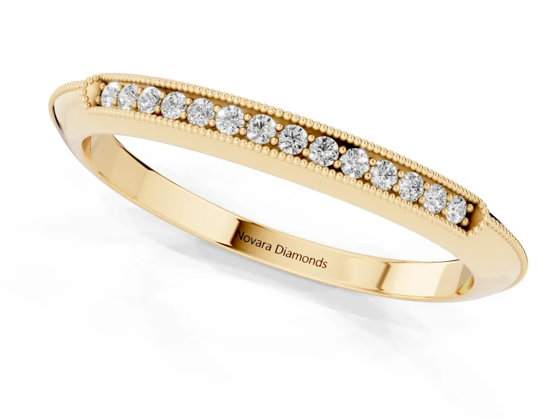 Round Lab-Grown Diamond Vintage Milgrain Pavé Wedding Band | Knife Edge Sides | Yellow Gold