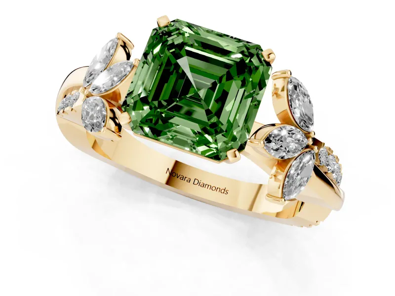 Fancy Green Asscher Cut Diamond Floral Vine Solitaire Engagement Ring Set in Yellow gold with Marquise Leaves