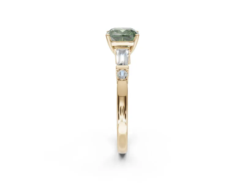 Cushion Cut Tapered Baguette Engagement Ring Setting for a Fancy Green Lab-Grown Diamond | Bar Set Sides | Yellow Gold