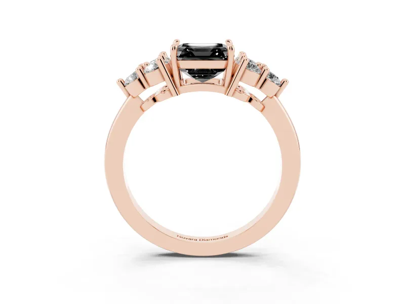 Fancy Black Asscher Cut Diamond Solitaire Ring Set in Rose gold with Cluster Accents on Each Side