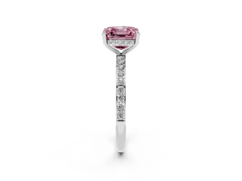 Fancy Pink Asscher Cut Diamond Pavé Band Ring Set in Silver with Prong-Set Center Stone