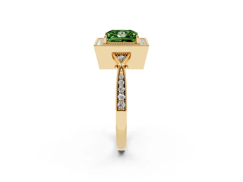 Fancy Green Princess Cut Diamond Halo Engagement Ring Set in Yellow gold with Milgrain Pavé Band