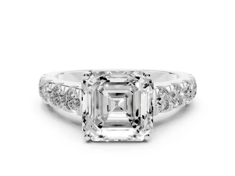 Asscher Cut Diamond Solitaire Ring Set in Platinum with Cut-Down Micro Pavé Band and Prong Setting