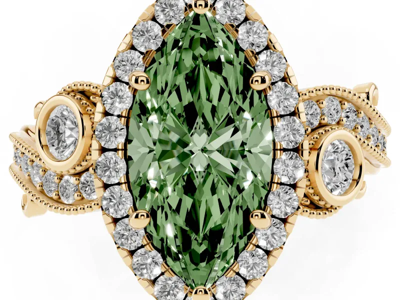 Fancy Green Marquise Cut Diamond Halo Ring Set in Yellow gold with Milgrain Pavé Band and Prong Setting