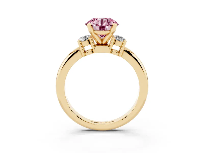 Round Three Stone Engagement Ring Setting for a Fancy Pink Lab-Grown Diamond | Round Side Stones | Yellow Gold