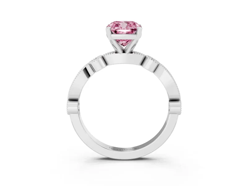 Fancy Pink Cushion Cut Diamond Solitaire Engagement Ring Set in Silver with Milgrain Bezel Accent Band