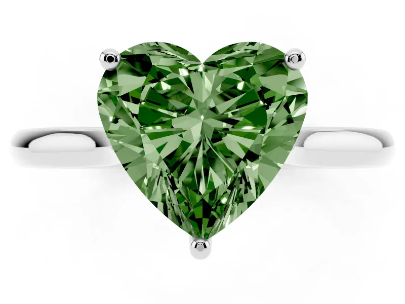 Fancy Green Heart Cut Diamond Solitaire Ring Set in Silver with Cathedral Band and Prong Setting