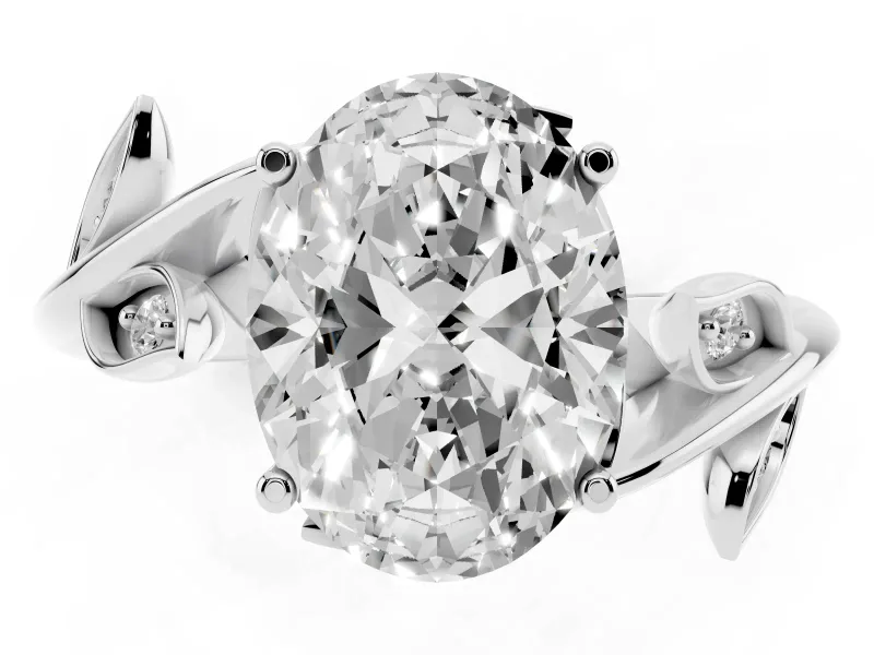 Oval Cut Diamond Solitaire Twist Engagement Ring Set in Platinum with Pavé Leaf Accents