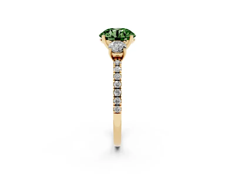 Round Three Stone Engagement Ring Setting for a Fancy Green Lab-Grown Diamond | Pave Shoulders | Yellow Gold