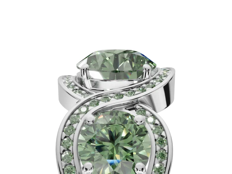 Round Three Stone Halo Engagement Ring Setting for a Fancy Green Lab-Grown Diamond | Pavé Wave Band | Sterling Silver