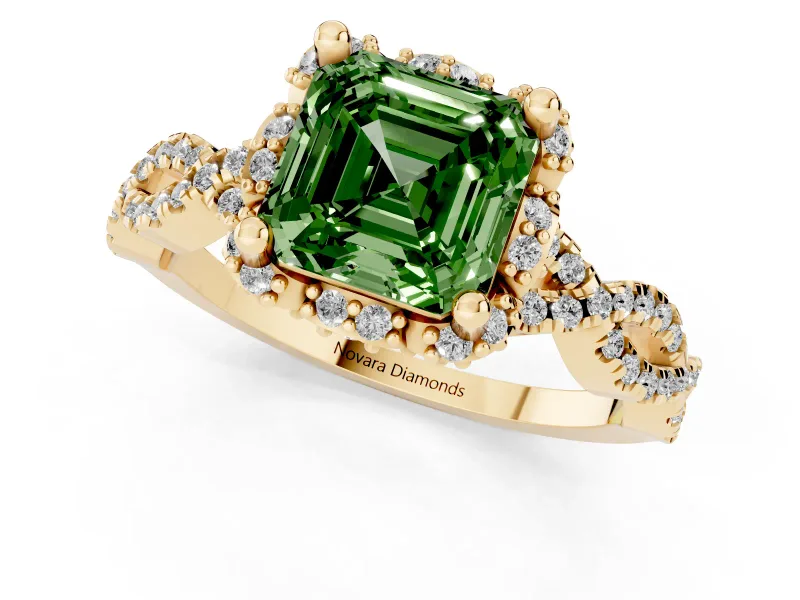 Fancy Green Asscher Cut Diamond Halo Twist Band Solitaire Ring Set in Yellow gold with Prong-Set Center Stone