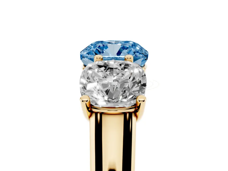 Cushion Cut Three Stone Engagement Ring Setting for a Fancy Blue Lab-Grown Diamond | Basket Prong Heads | Yellow Gold
