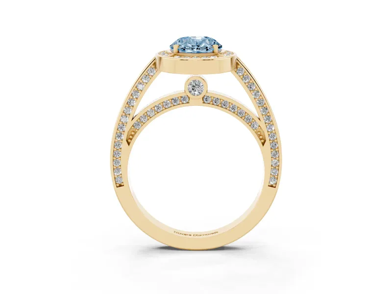 Fancy Blue Oval Cut Diamond Halo Pavé Split Shank Ring Set in Yellow gold with Prong Setting