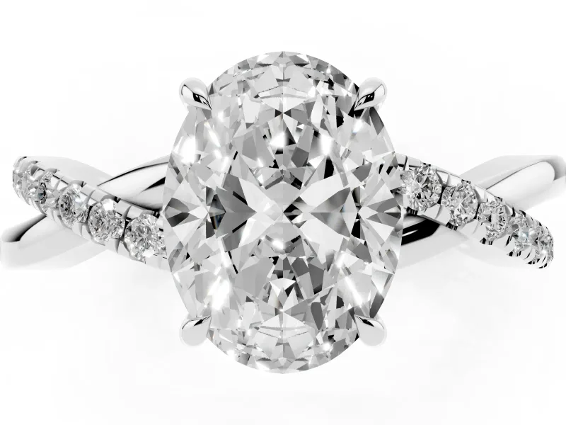 Oval Crossover Pave Solitaire Engagement Ring Setting | Twisted Shoulders | White Gold