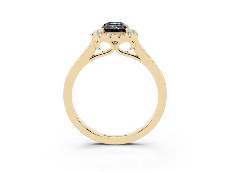 Fancy Black Emerald Cut Halo Round Diamond Solitaire Ring Set in Yellow gold with Pavé Band and Prong Setting