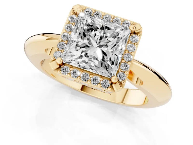 Princess Cut Halo Engagement Ring Setting | Plain Tapered Band | Yellow Gold