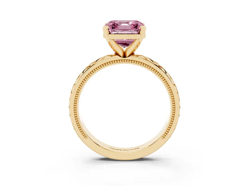 Fancy Pink Asscher Cut Diamond Solitaire Ring Set in Yellow gold with Milgrain and Black Enamel X Pattern Band