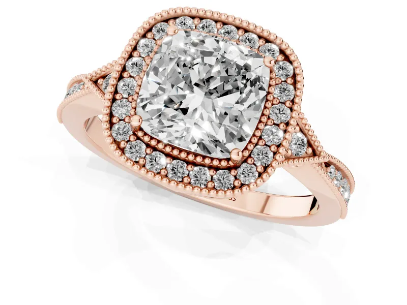 Cushion Cut Diamond Halo Engagement Ring Set in Rose gold with Milgrain Pavé Band