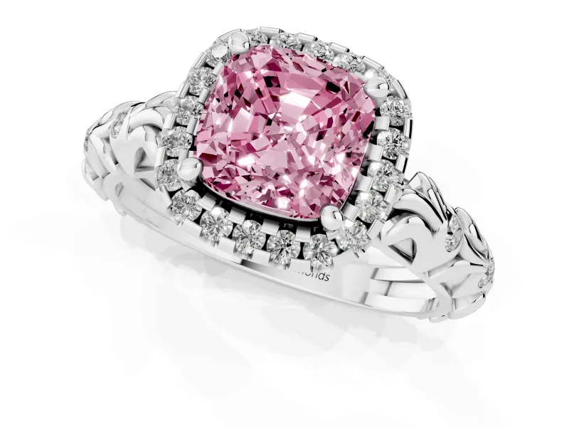 Cushion Cut Leaf Halo Engagement Ring Setting for a Fancy Pink Lab-Grown Diamond | Bezel Accents | Sterling Silver