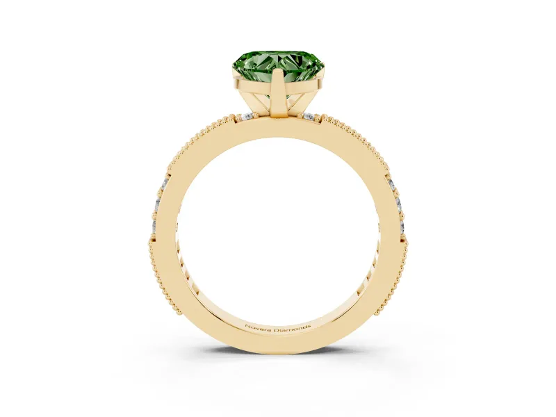 Fancy Green Heart Cut Diamond Solitaire Ring Set in Yellow gold with Slim Pavé Band and Prong Setting