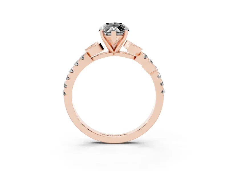 Fancy Black Marquise Cut Diamond Solitaire Leaf-Inspired Ring Set in Rose gold with Pavé Band and Prong Setting