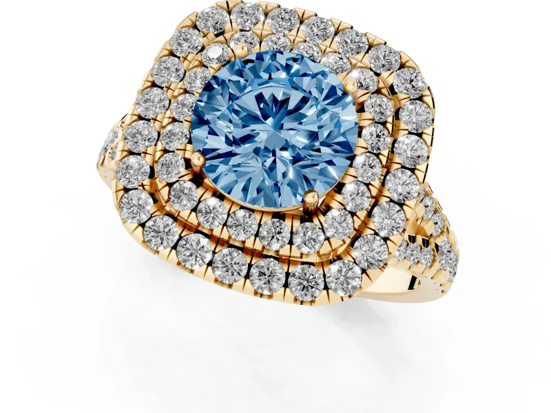 Round Halo Split Shank Engagement Ring Setting for a Fancy Blue Lab-Grown Diamond | Pavé Strands | Yellow Gold