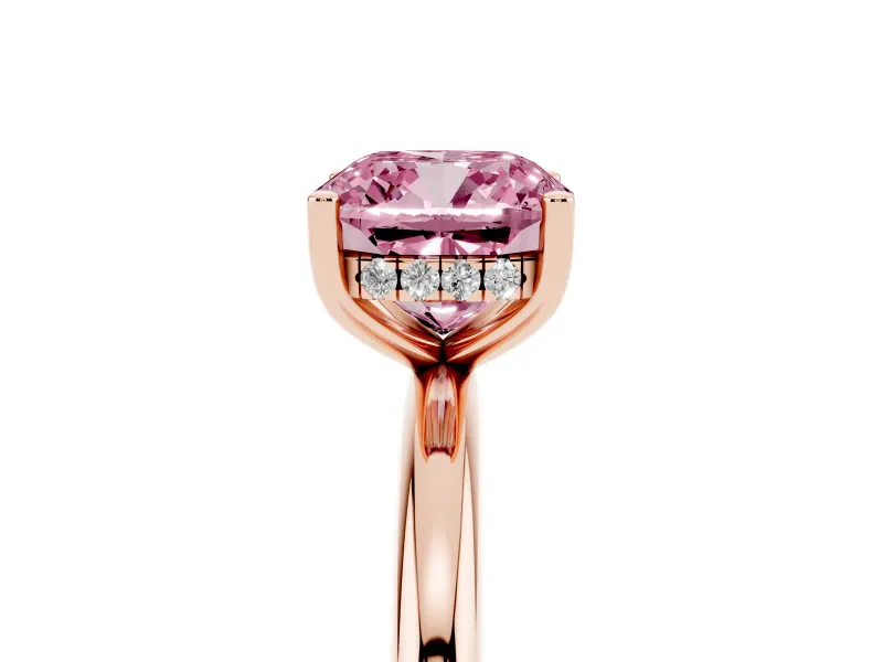 Fancy Pink Cushion Cut Diamond Solitaire Engagement Ring Set in Rose gold with Prong Setting and Polished Band