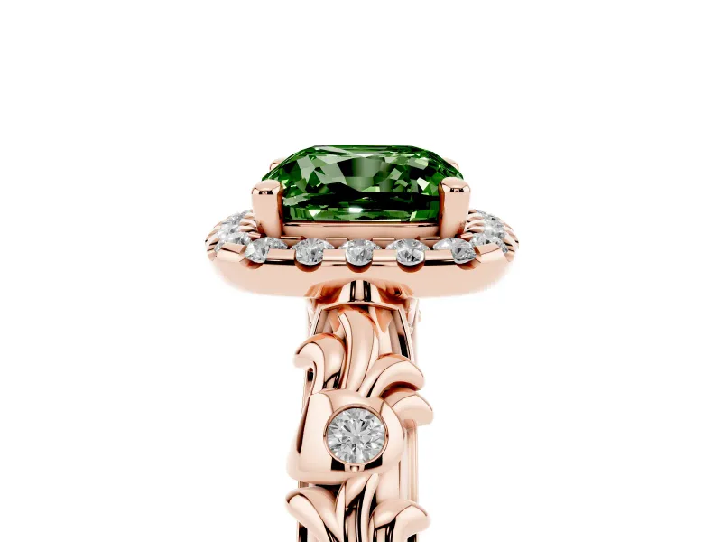 Cushion Cut Leaf Halo Engagement Ring Setting for a Fancy Green Lab-Grown Diamond | Bezel Accents | Rose Gold