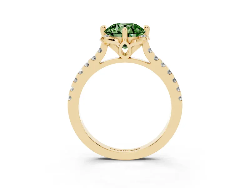 Round Floral Engagement Ring Setting for a Fancy Green Lab-Grown Diamond | Pavé Band | Yellow Gold