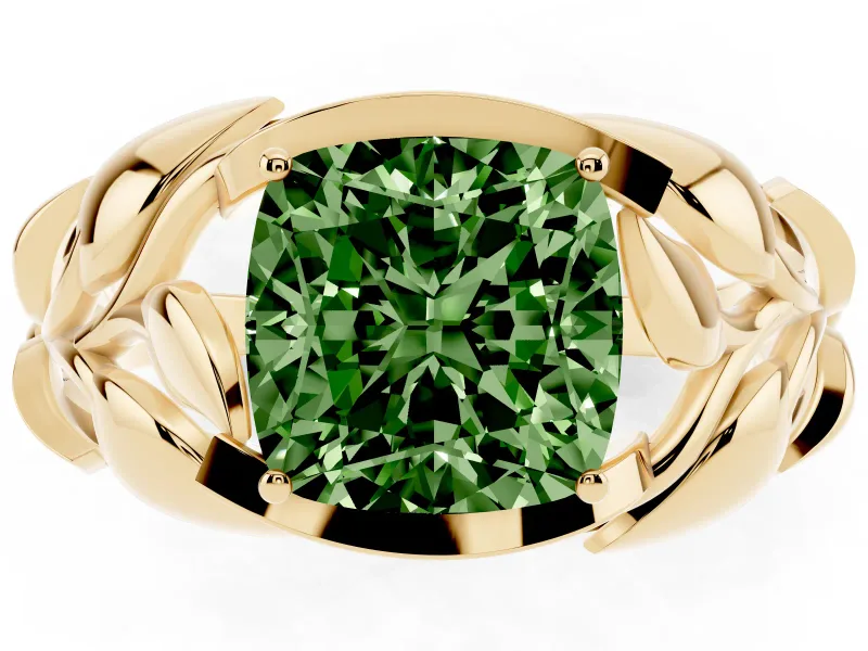 Cushion Cut Leaf Bypass Engagement Ring Setting for a Fancy Green Lab-Grown Diamond | Yellow Gold