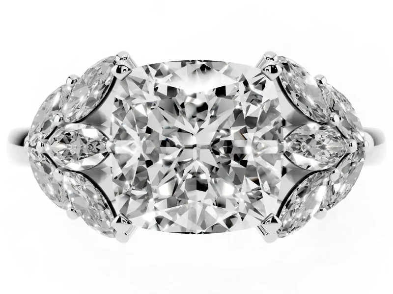 Cushion Cut Diamond Cluster Leaf Design Ring Set in Silver with Prong Setting