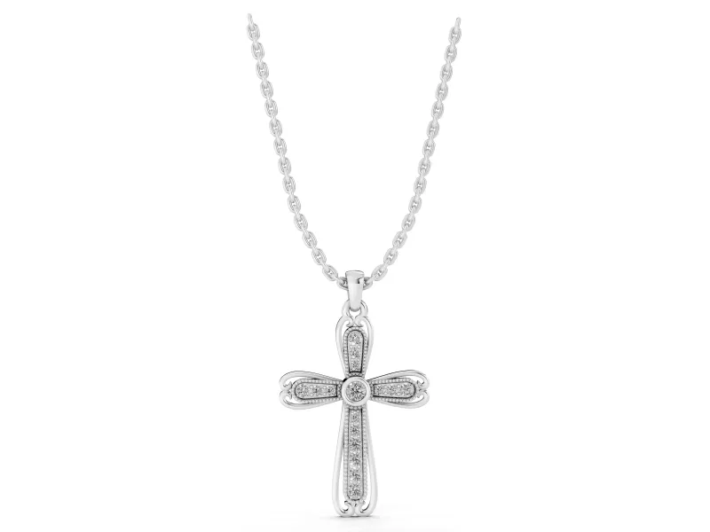 Round Lab-Grown Diamond Bezel Milgrain Cross Pendant Necklace | Scrolled Outline | Sterling Silver