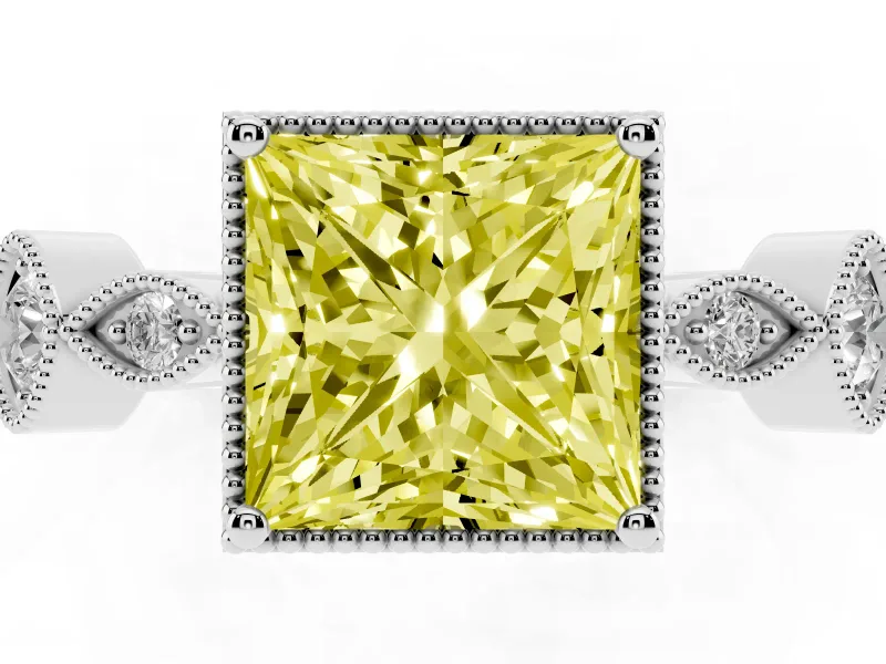 Fancy Yellow Princess Cut Diamond Vintage-Inspired Milgrain Ring Set in White gold with Marquise Stations of Round Accents