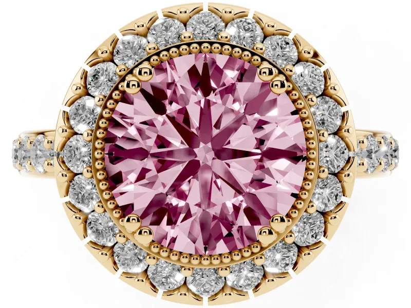 Round Vintage Milgrain Halo Engagement Ring Setting for a Fancy Pink Lab-Grown Diamond | Pierced Gallery | Yellow Gold