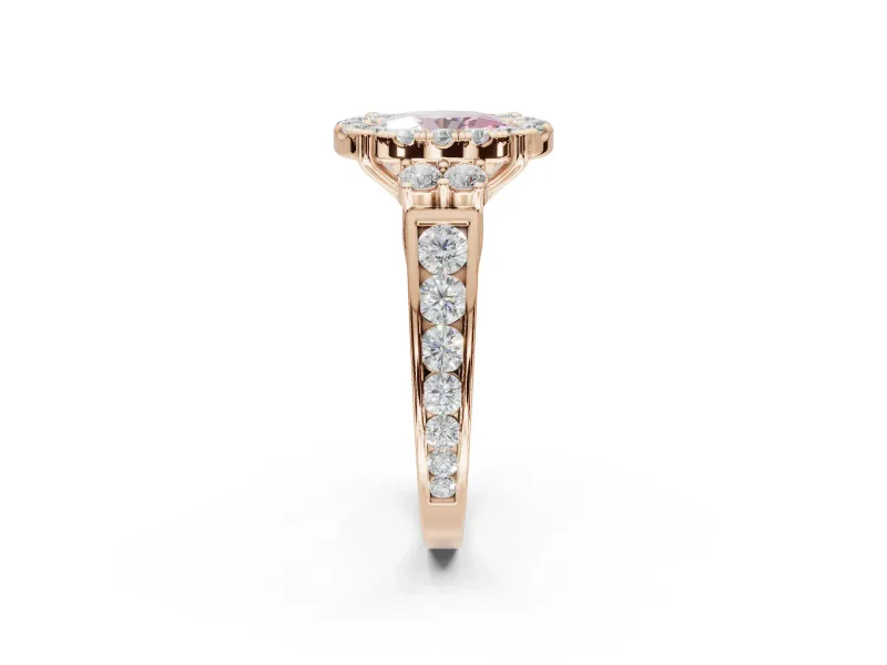 Oval Halo Engagement Ring Setting for a Fancy Pink Lab-Grown Diamond | Side Clusters | Rose Gold