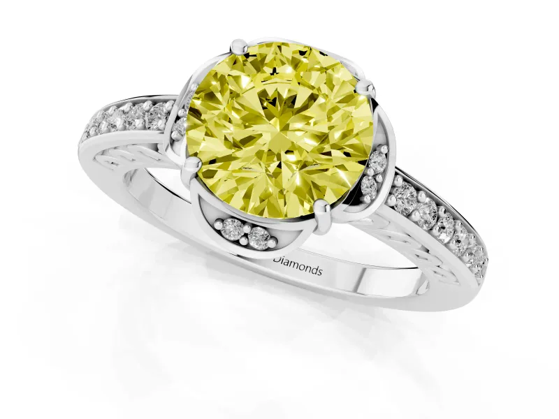 Round Floral Pavé Engagement Ring Setting for a Fancy Yellow Lab-Grown Diamond | Platinum