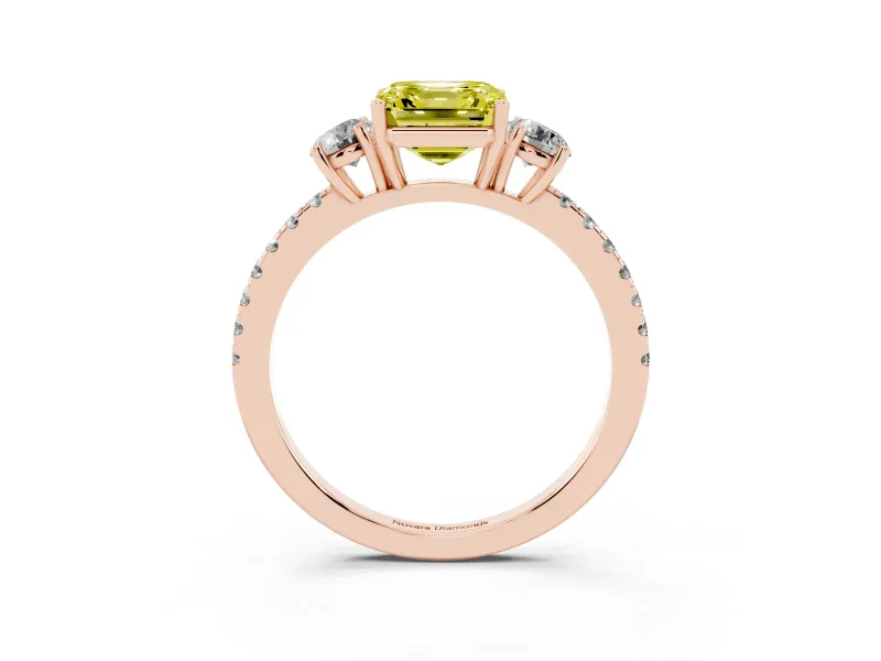 Asscher Cut Three Stone Engagement Ring Setting for a Fancy Yellow Lab-Grown Diamond | Pave Shoulders | Rose Gold