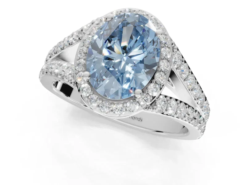 Oval Halo Pavé Engagement Ring Setting for a Fancy Blue Lab-Grown Diamond | Narrow Split Shank | Sterling Silver