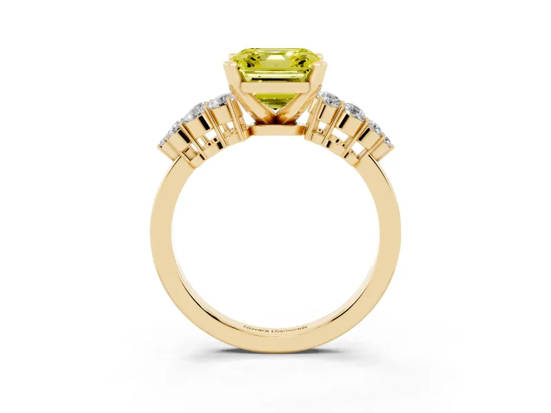 Fancy Yellow Asscher Cut Diamond Cluster Engagement Ring Set in Yellow gold with Pavé Band and Prong Setting