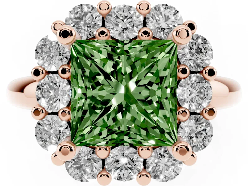 Princess Cut Cluster Halo Engagement Ring Setting for a Fancy Green Lab-Grown Diamond | Large Round Accents | Rose Gold