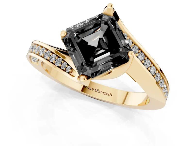 Fancy Black Asscher Cut Diamond Solitaire Ring Set in Yellow gold with Intertwined Pavé Twist Band