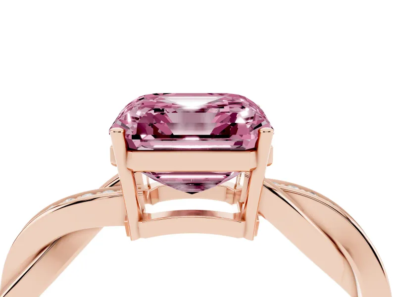 Fancy Pink Asscher Cut Diamond Solitaire Twisted Pavé Ring Set in Rose gold with Prong Setting