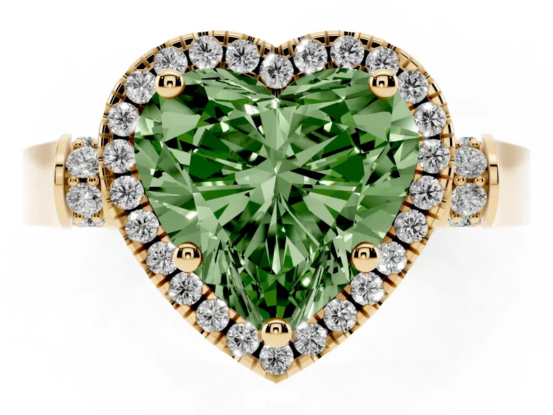 Heart-Shaped Halo Engagement Ring Setting for a Fancy Green Lab-Grown Diamond | Pointed Pave Shoulders | Yellow Gold