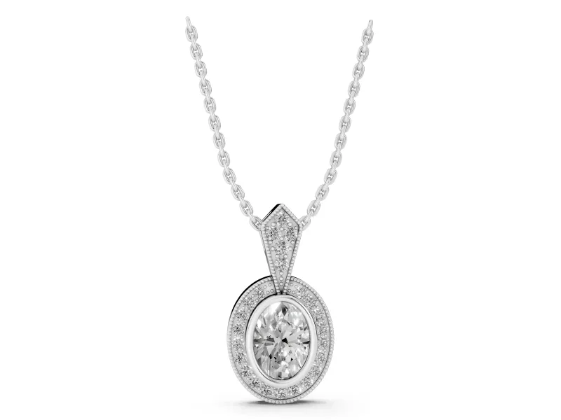 Oval Lab-Grown Diamond Bezel Pavé Halo Pendant Necklace | Milgrain Kite Bail | Sterling Silver