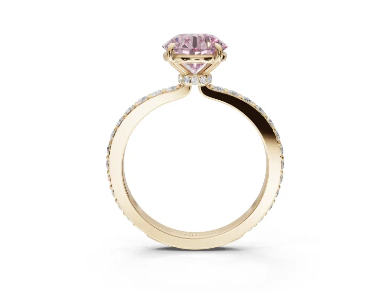 Round Hidden Halo Engagement Ring Setting for a Fancy Pink Lab-Grown Diamond | Pavé Band | Yellow Gold